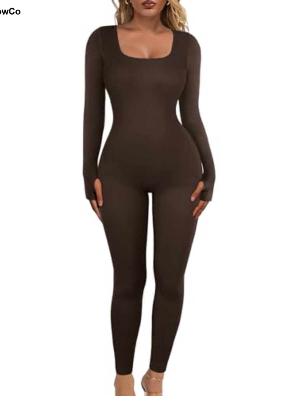 Women's Ribbed Long Sleeve Jumpsuit Tummy Control Workout Bodysuit Square